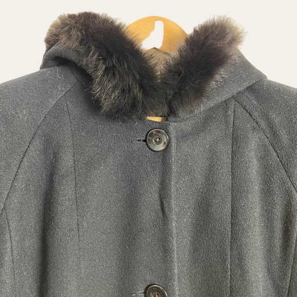 Vintage Andrea Collection Black Wool Blend Fox Fur Trim Hooded Coat Size 6 - Picture 2 of 7